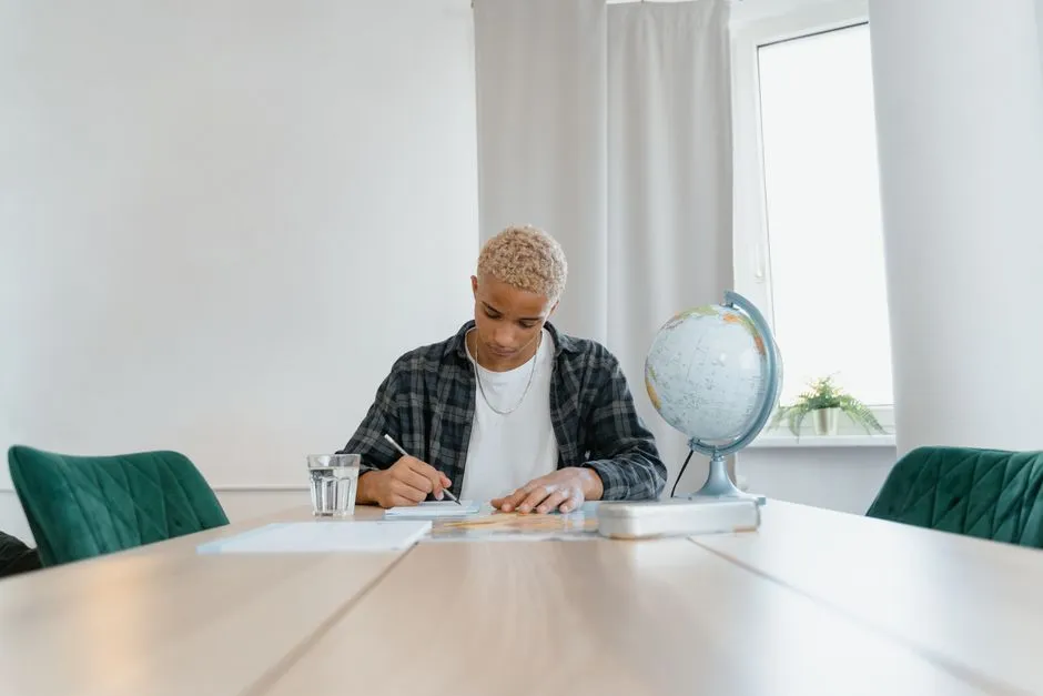 Student studying at a table with notes and a textbook